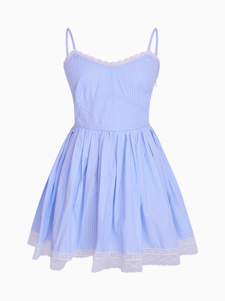 Loveshackfancy Light Blue Lace-Trim Spaghetti Strap Mini Dress